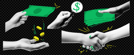 Set of hand elements with money for collages. Halftone effect. Retro illustration on business theme with handshake and magnifying glass and doodles coins and dollars.のイラスト素材