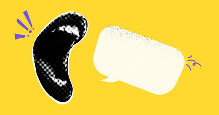 Speech Bubbles with collage-cut lips from a magazine. Retro elements for the design. Scream of a woman. Vector objects on transparent background as pngのイラスト素材