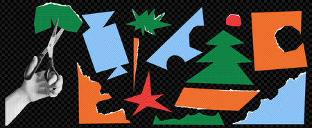 A pack of Christmas-themed paper cut-out elements. Hand in halftone effect with scissors. New Year handmade. Trendy vector illustration on transparent background as pngのイラスト素材