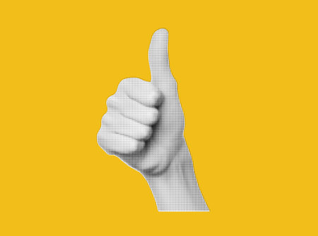 Collage cutout element with the finger up. Hand in gesture I like. Halftone effect, vector illustration on yellow background.のイラスト素材