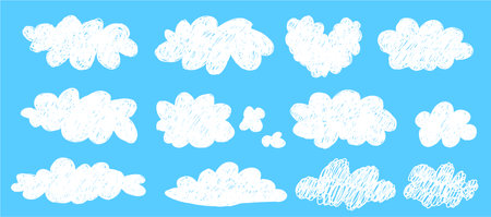 Simple scribble white clouds set. Cute and kawaii elements collection on blue bg like a png. Vector naive art illustration.のイラスト素材