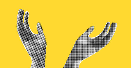 Hands in halftones treatment for collage on yellow background. Side view as if holding something,...