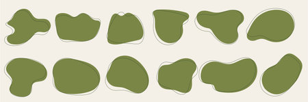 A kit of irregular green shapes. Abstract figures collection with organic vector frames. Simple illustration ellements with thin linesのイラスト素材