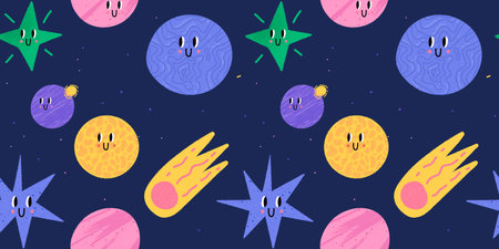 Cartoon seamless texture. Dark blue night sky background. Doodle ellements with fun faces. Kids...