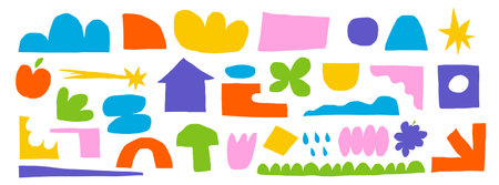 Set of cut out shapes elements, Vector paper abstract rough flower and nature doodle. Organic background with simple and naive icons. New bold and trendy forms.のイラスト素材
