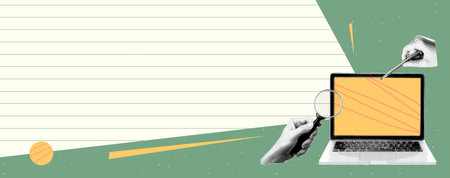 Creative concept banner with lightbulb and hand design. Collage of idea and solution elements on abstract background. Graphic art illustration for business brainstormingのイラスト素材