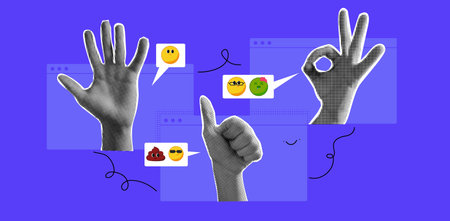 Halftone hand collage for online feedback and remote meetings. Contemporary design with thumb sign for client quality, business deals, and team trust.のイラスト素材