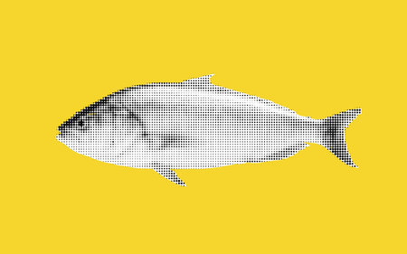 Creative collage of a halftone fish illustration against a bright yellow background showcasing artistic expressionのイラスト素材