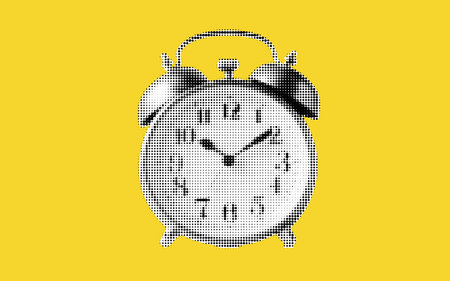 Bright yellow halftone collage of a vintage alarm clock capturing the essence of time, urgency, and...