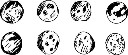 A grid of eight hand-drawn circular shapes resembling planets or celestial bodies, each with unique textures and patterns. The designs include spots, stripes, and varying shading, creating a whimsical and artistic representation of different planets.のイラスト素材