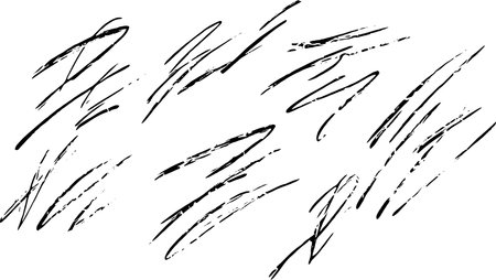 A collection of abstract black brush strokes on a white background, showcasing various dynamic and expressive lines. Ideal for artistic designs and backgrounds.のイラスト素材