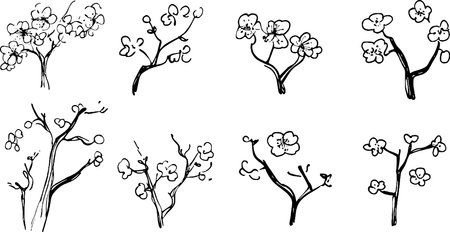 A collection of hand-drawn sketches of flowering branches, showcasing various styles and arrangements of blossoms and twigs.のイラスト素材