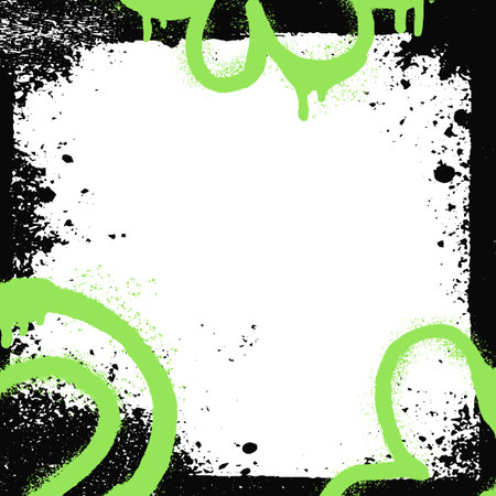 Urban punk graffiti frame with acid spray elements. Black brush strokes on rough edges create a grungy, vintage vector design. Torn paper texture with scratches, ink splattersのイラスト素材