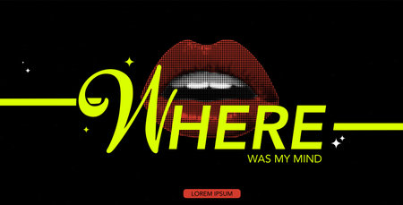 Collage halftone banner with lips and text. Vintage torn paper and pop art sticker. Retro whisper concept for Question.のイラスト素材