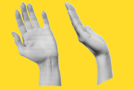 Hand in halftones treatment for collage on yellow background. hand, side view as if holding something, Hello gesture, vector trendy illustration in dot like pop art.のイラスト素材