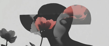 Minimalist collage featuring geometric shapes and floral elements on a white background