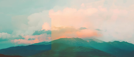 Majestic double exposure of mountain peaks and clouds captures ethereal beauty at twilightの写真素材