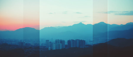 City skyline meets mountain range in a stunning double exposure displayの写真素材