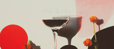Minimalist collage of an empty champagne glass with lipstick marks against geometric shapesの写真素材