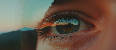 Close-up of a double exposure eye reflecting a vast landscape, merging personal and vast worldsの写真素材