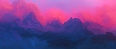 Majestic mountain peaks shrouded in tranquil hues of pink and purple during sunsetの写真素材