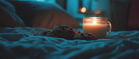 Indulging in cold milk and warm chocolate chip cookies for a cozy bedtime treatの写真素材