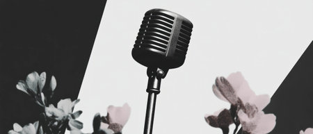 Minimalist collage featuring a microphone stand with geometric shapes and floral accentsの写真素材