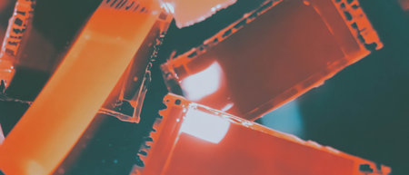 Old film surfaces with faded edges and worn corners showcasing aged textures and colorsの写真素材