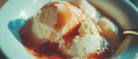 Creamy dessert with rich sauce served in a bowlの写真素材