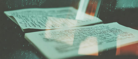 Handwritten text on aged documents with double exposure effect showcasing historyの写真素材