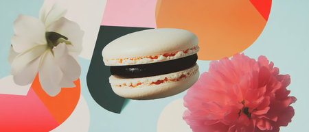 Minimalist collage featuring geometric shapes and a macaron on a colorful background