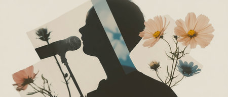 Minimalist collage of geometric shapes with floral elements and microphone reflectionの写真素材