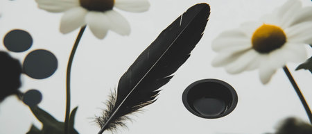 Minimalist collage featuring geometric shapes and a quill with inkwell on white backgroundの写真素材