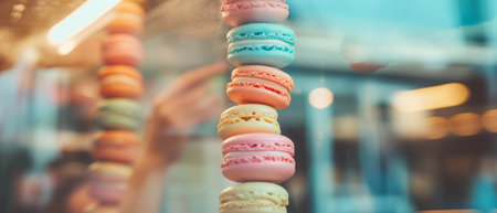 Colorful macarons stacked elegantly in a French pastry shop displayの写真素材