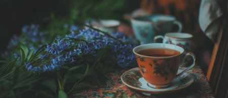 Whimsical flat lay with bluebells and delicate teacups in a vibrant spring settingの写真素材