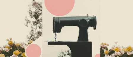 Collage of sewing machine amid floral patterns and geometric shapes in a minimalist styleの写真素材