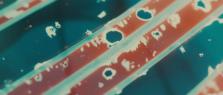 Old film surface showing mold growth, decay, and damage with textured detailsの写真素材