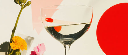 Minimalist collage featuring empty champagne glass and vibrant geometric shapes on white backgroundの写真素材