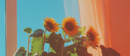 Sunlit sunflower collage showcasing vibrant colors and natural beautyの写真素材