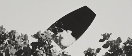 Minimalist collage featuring a broken mirror reflecting natures beauty in distorted formの写真素材