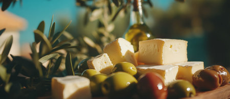 Delicious Mediterranean appetizer featuring olives and cheese cubes with olive oil backdropの写真素材