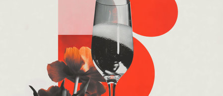 Minimalist collage featuring a champagne glass and floral elements on a white backgroundの写真素材