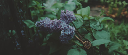 Vintage keys resting beside purple lilacs in an enchanting outdoor settingの写真素材