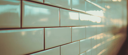 Cream subway tiles with dark grout create a vintage-inspired ambiance in modern spacesの写真素材