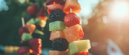 Colorful fruit skewers arranged with fresh strawberries, melons, and berries at sunsetの写真素材