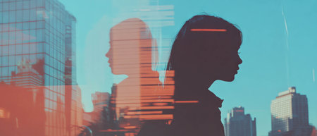 Human silhouette blending with cityscape in double exposure art