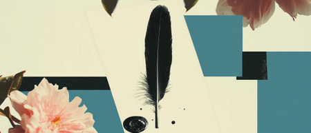 Minimalist collage featuring a feather quill and inkwell with floral and geometric designsの写真素材