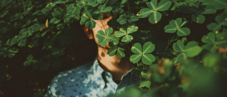 Collage of green clover patch and a hidden face in nature reflecting simplicity and luckの写真素材