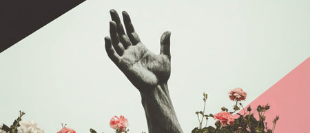 Collage of a statues hand reaching upward among geometric shapes and flowersの写真素材