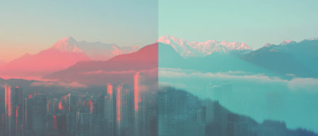 Majestic fusion of urban skyline and serene mountain range showcases natures contrastの写真素材
